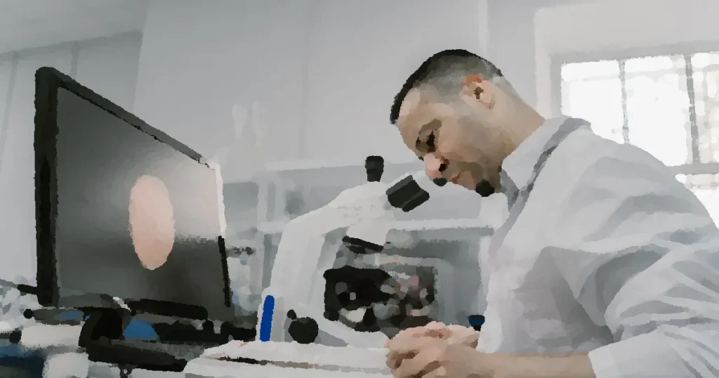 Asian man reading in a laboratory, surrounded by equipment and microscope, focused on work.