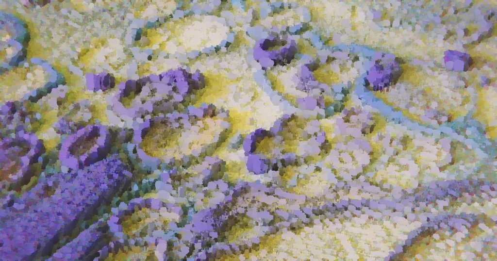 Colorful 3D rendering resembling neural networks or data visualization.
