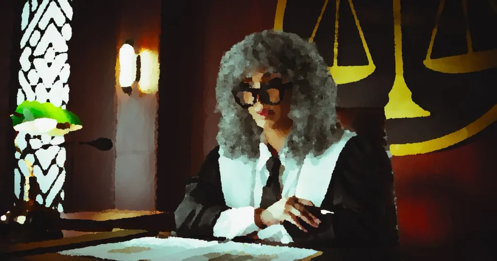 Female judge in courtroom setting, sitting at desk with justice scales in background.