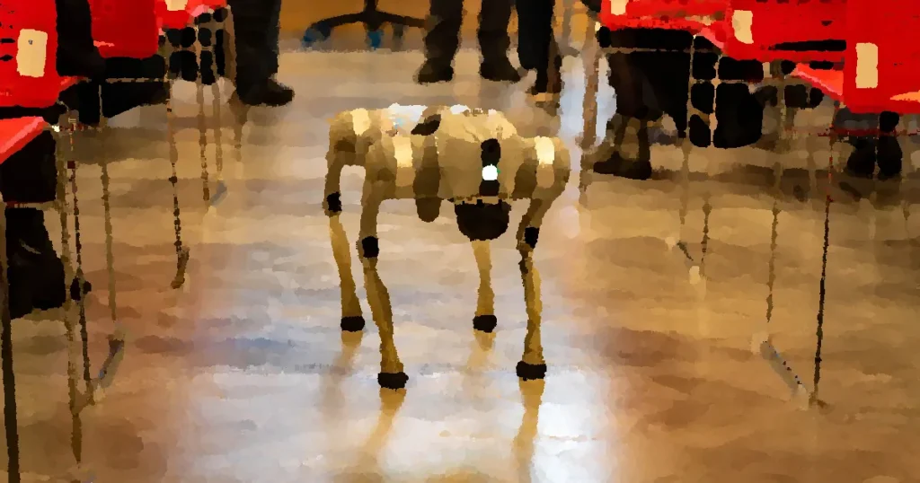 A robotic dog navigates an indoor setting amidst red chairs, showcasing technology in modern environments.