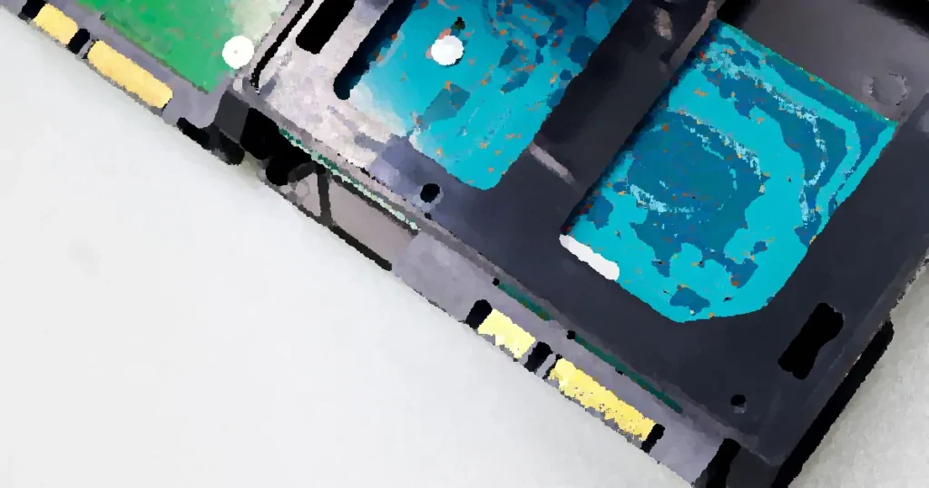 Detailed view of computer hard disk drive components, showcasing circuitry and connectors.