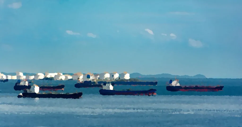 A fleet of cargo ships docked near oil storage tanks along a serene coastline with a clear blue sky above.
