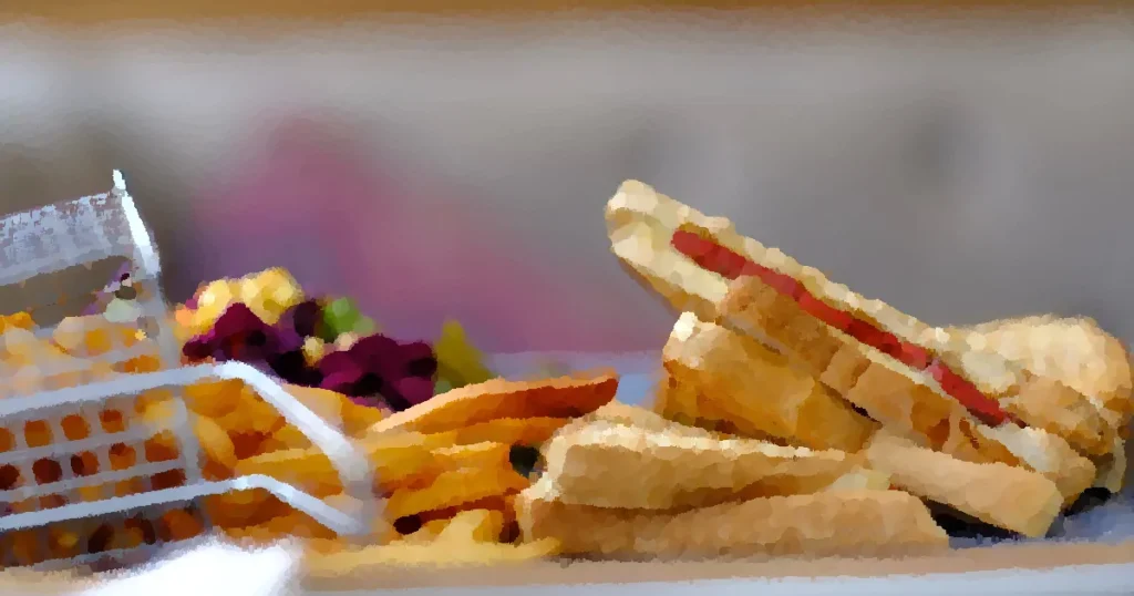 A delectable toasted sandwich paired with crispy golden French fries, perfect for a lunch snack.