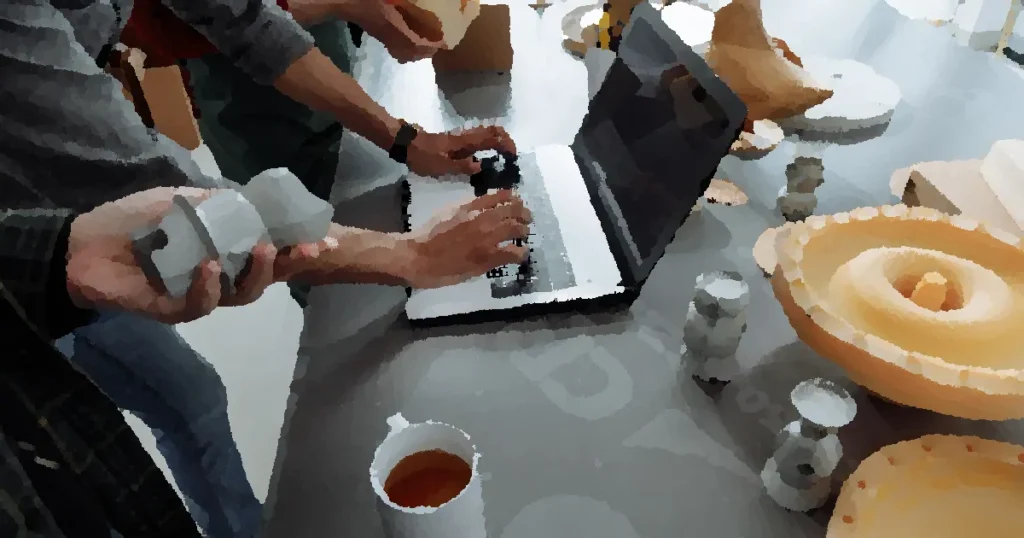 Hands on laptop in a creative workspace with 3D models and prototypes.