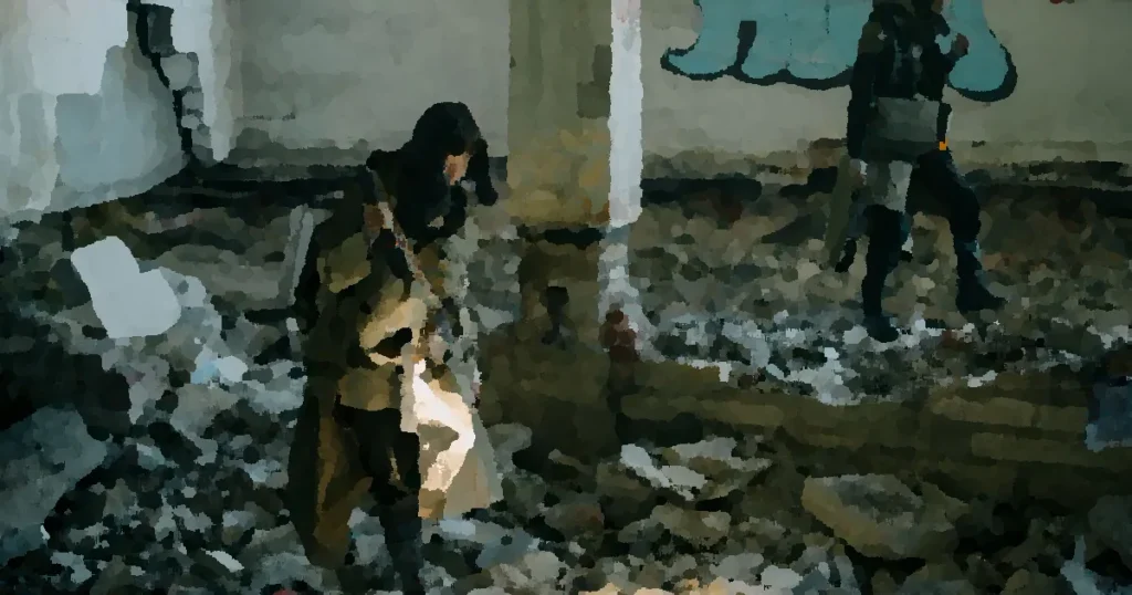 Two people exploring a desolate, abandoned building, embodying a post-apocalyptic theme.