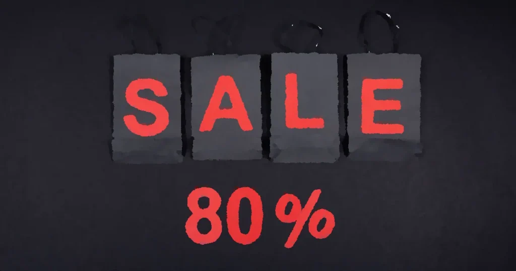 Highlighting a sale with 80% discount using black shopping bags and bold red text.
