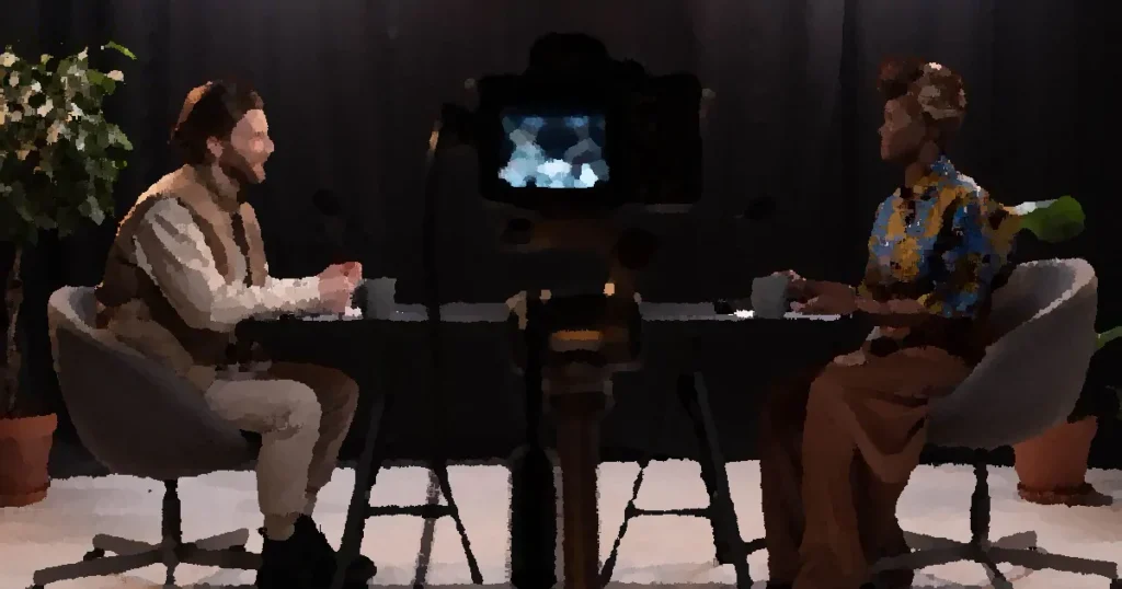 Two adults engaging in a podcast discussion in a studio with recording equipment.
