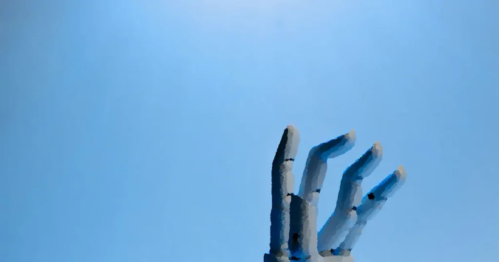 Robotic hand with articulated fingers reaching towards the sky on a blue background.