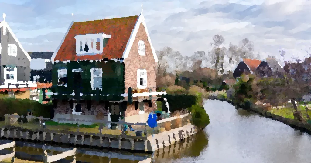 Picturesque Dutch house by a canal in Marken, North Holland, showcasing traditional architecture.