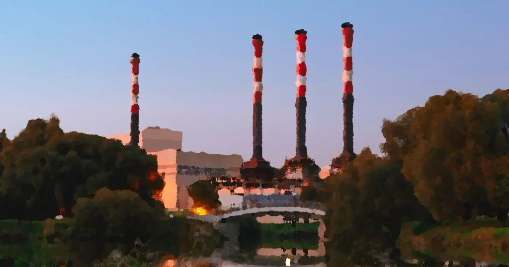 View of an industrial plant with tall chimneys by a lake in Minsk, Belarus during the day.