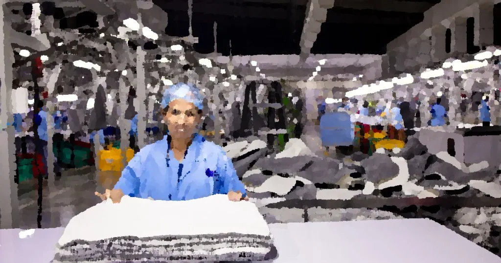 A textile worker in a factory folds products surrounded by industrial machines.