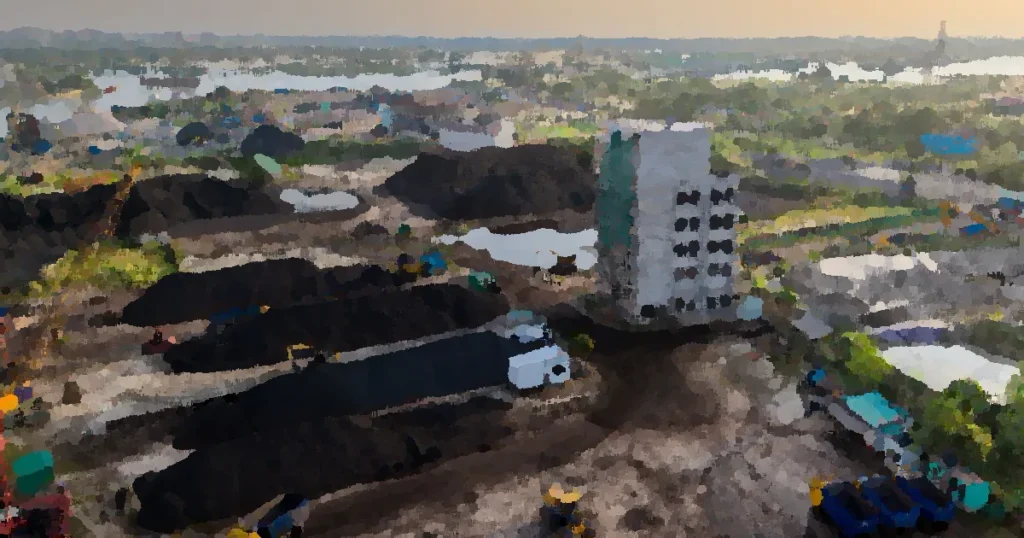 An expansive aerial view of industrial development in Dhaka, showcasing construction activity and machinery.